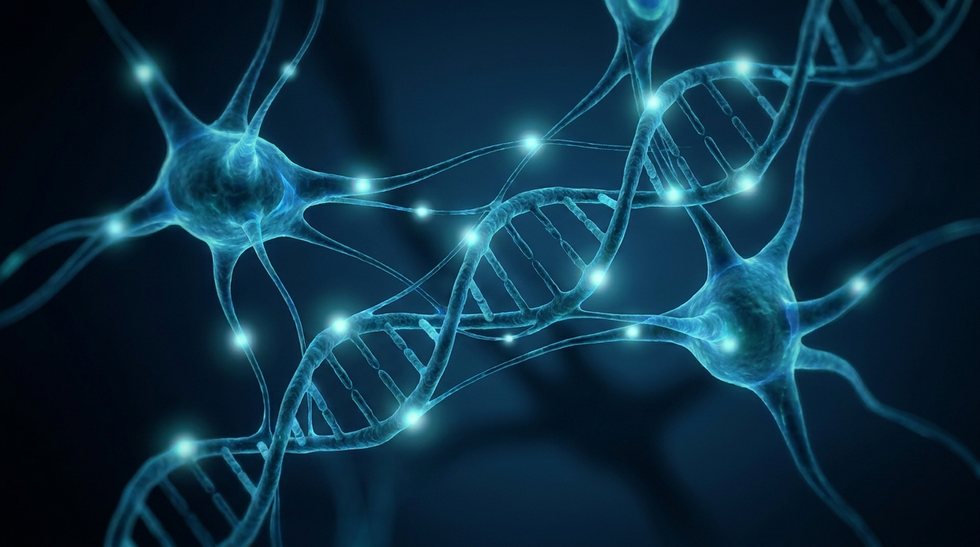 Abstract bioluminescent cellular structures and DNA, the Baseline Health brand visual