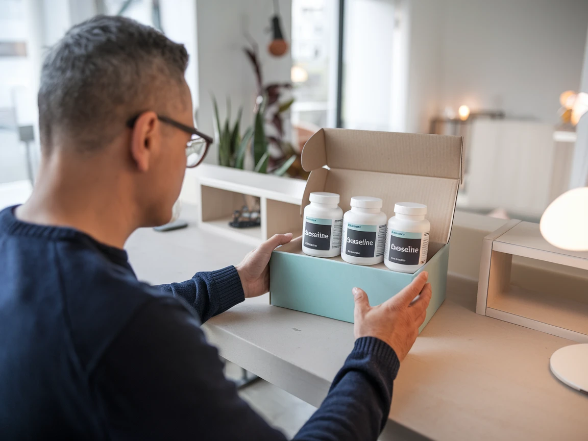 Mature executive unboxing the Baseline 90-Day System monthly delivery