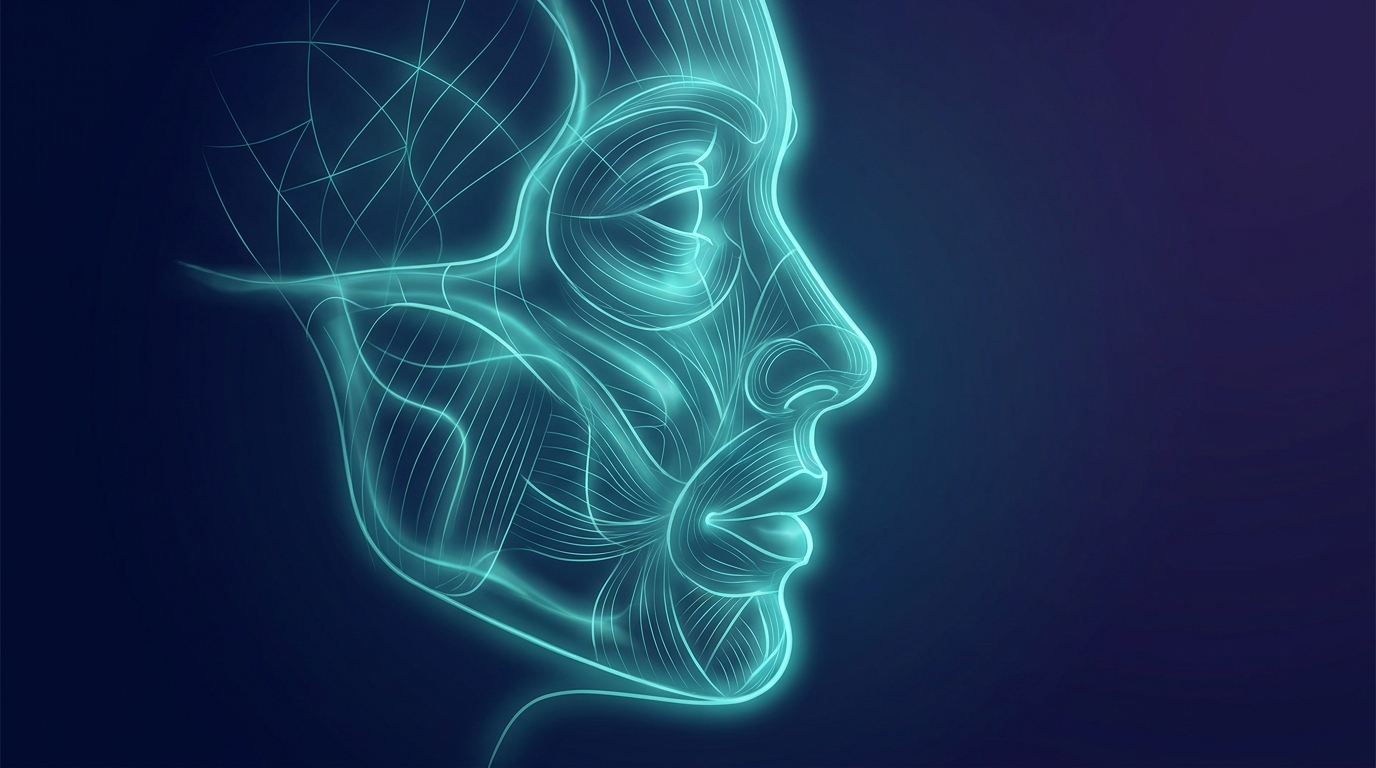 Conceptual glowing wireframe of a face in profile representing Ozempic face