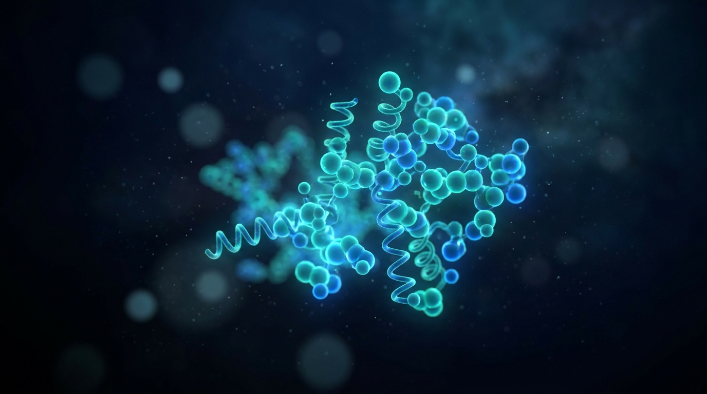 Glowing 3D molecular structure representing the peptide tesamorelin